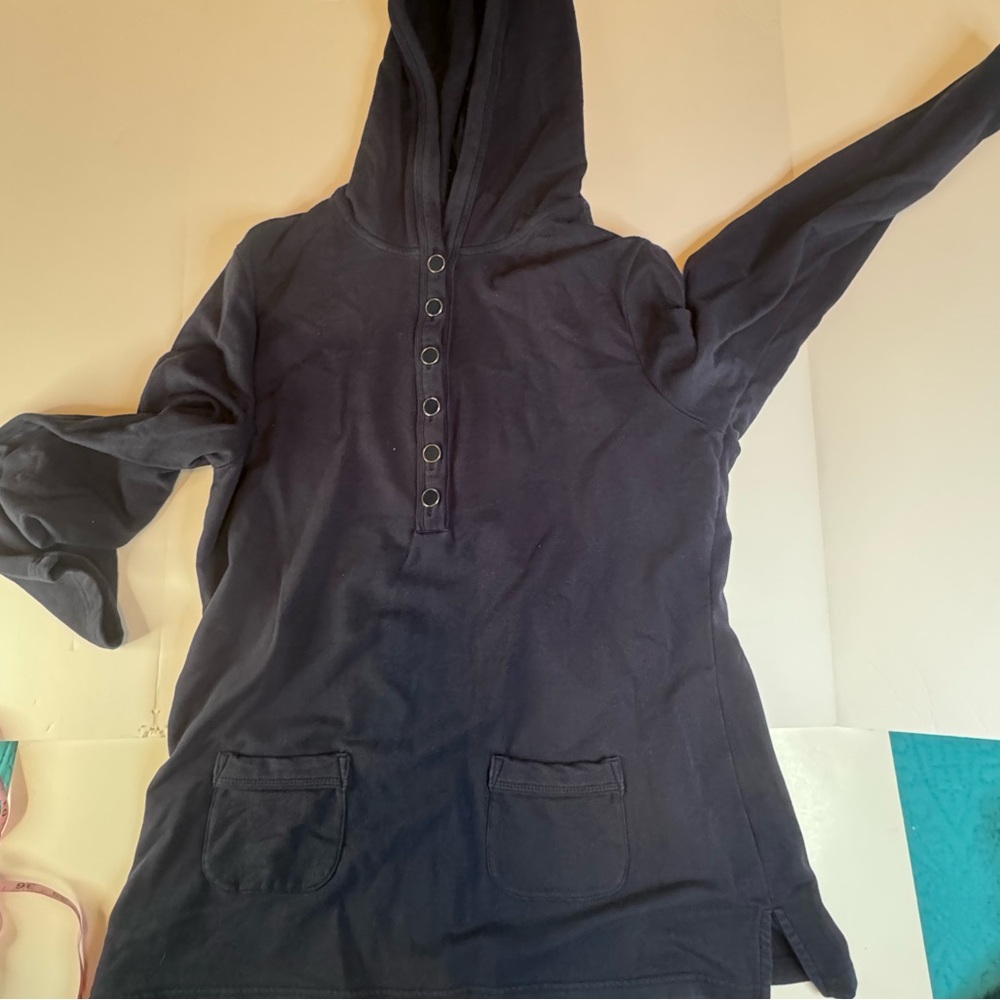 Talbots Petite Navy Snap Button Hoodie Tunic Top Pockets Size Large - Picture 7 of 12